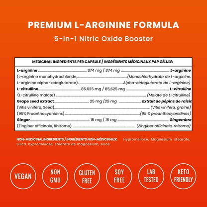 Nutritional label for a premium L-arginine formula on an orange background