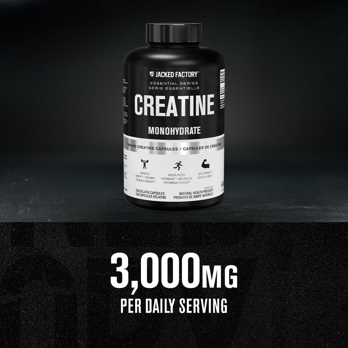 Creatine monohydrate supplement bottle with label on a black background