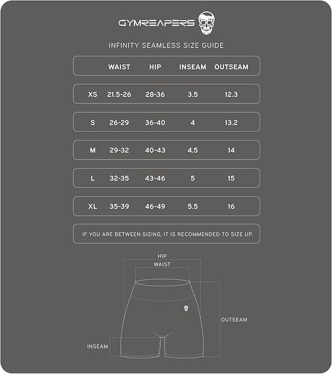 Gymreapers size guide for infinity seamless shorts on a gray background
