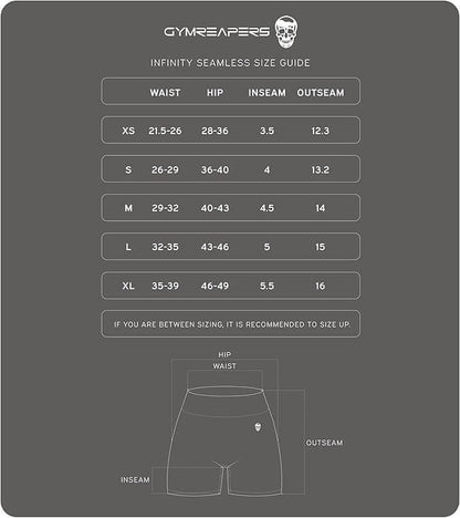 Gymreapers size guide for infinity seamless shorts on a gray background
