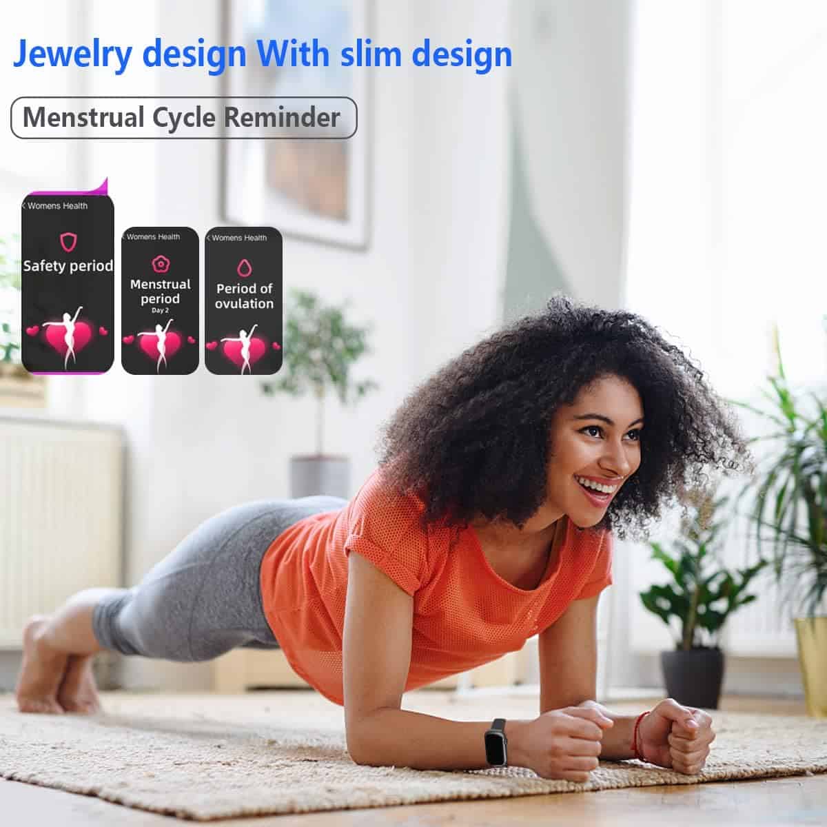 Woman exercising on a mat with a focus on jewelry design and menstrual cycle reminder features.
