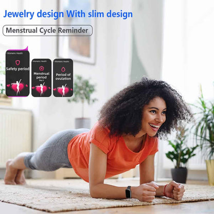 Woman exercising on a mat with a focus on jewelry design and menstrual cycle reminder features.