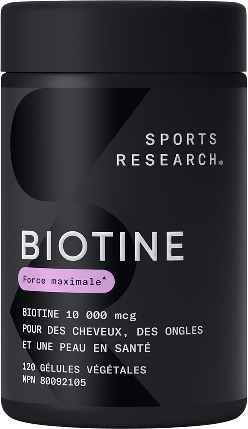 Sports Research Vegan Biotin 10000mcg Softgels – 120ct in a black bottle showcasing maximum strength.