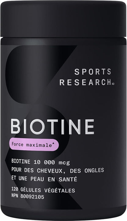 Sports Research Vegan Biotin 10000mcg Softgels – 120ct in a black bottle showcasing maximum strength.