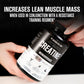 Jacked Factory Creatine Monohydrate supplement bottle held by a person with promotional text on a black background.