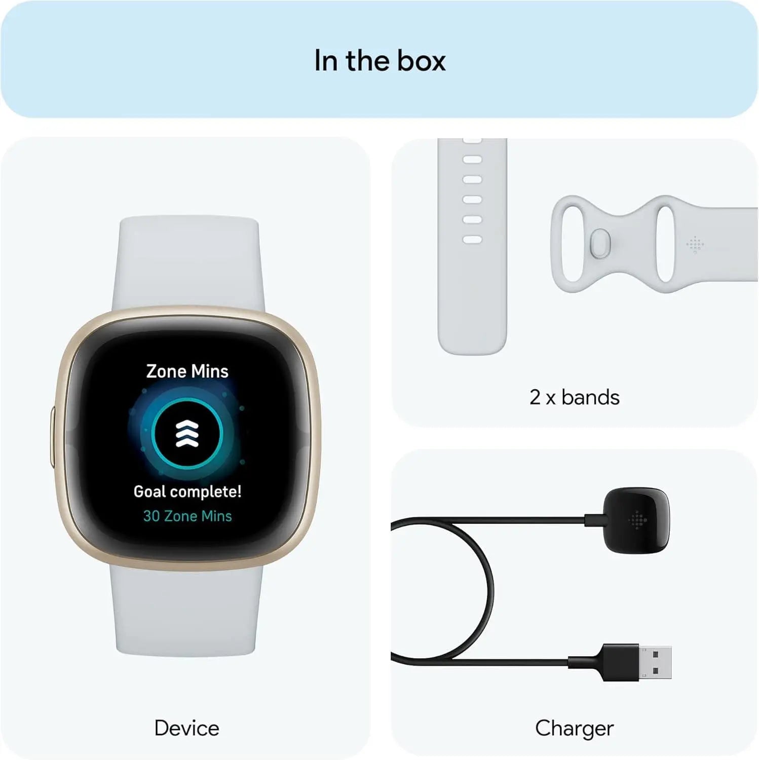 Smartwatch with device, charger, and two bands displayed in a box.