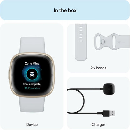 Smartwatch with device, charger, and two bands displayed in a box.