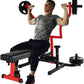 Person using a weight bench with weights on a white background