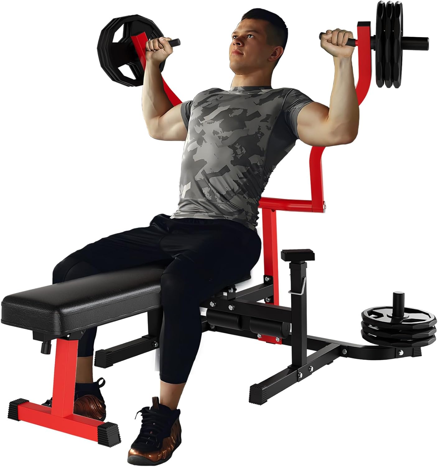 Person using a weight bench with weights on a white background