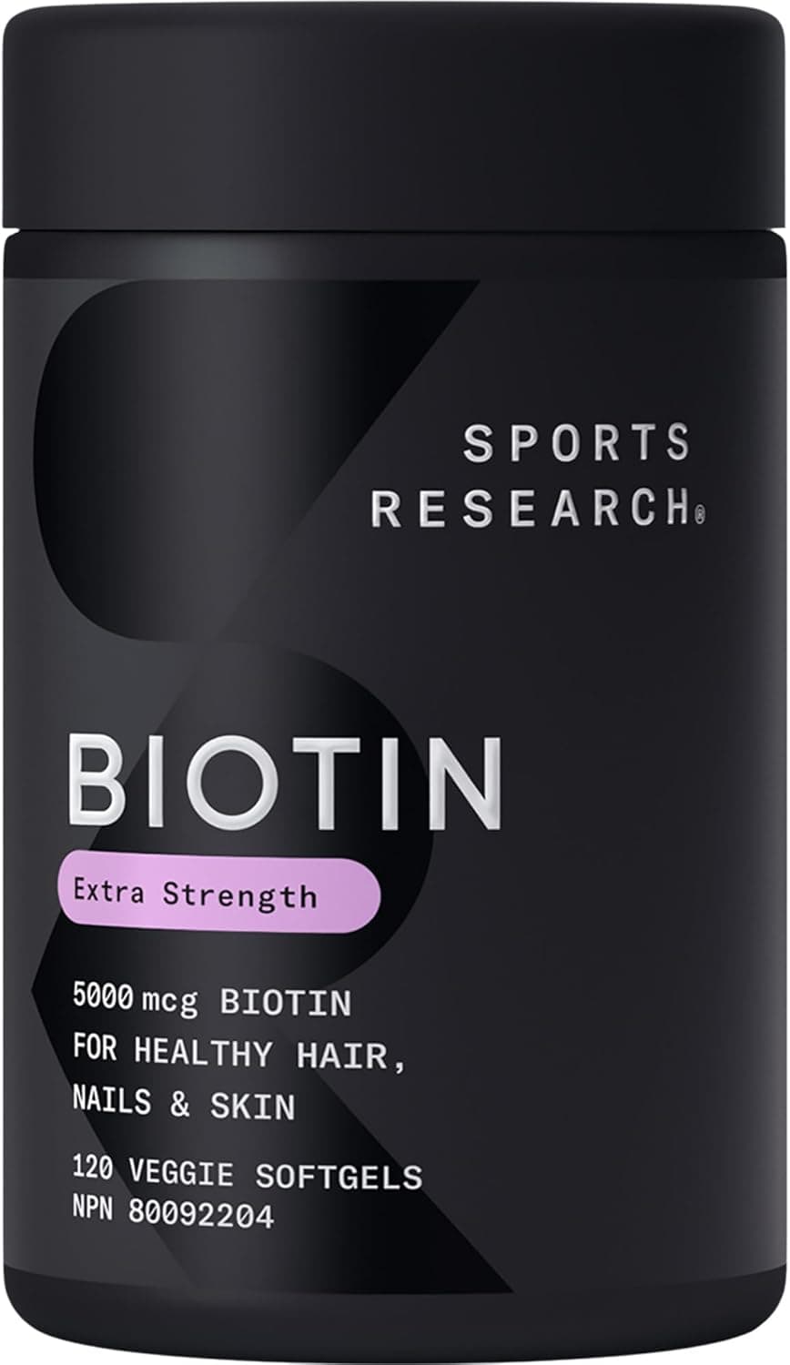 Sports Research Vegan Biotin 5000mcg Softgels bottle for healthy hair, skin, and nails.