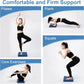 Woman performing Pilates, Plank, Squats, and Core Exercises on a blue exercise step.
