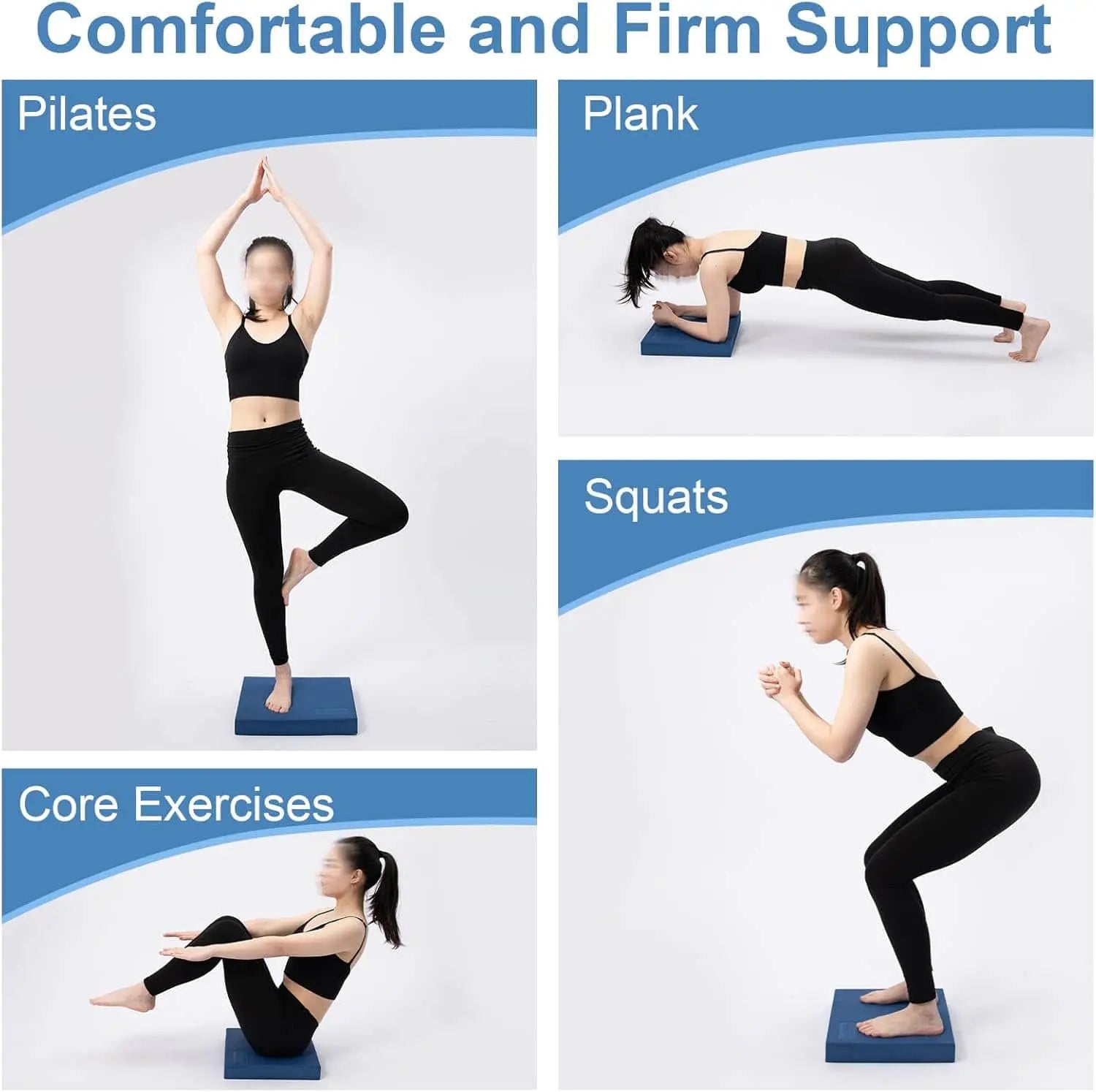 Woman performing Pilates, Plank, Squats, and Core Exercises on a blue exercise step.