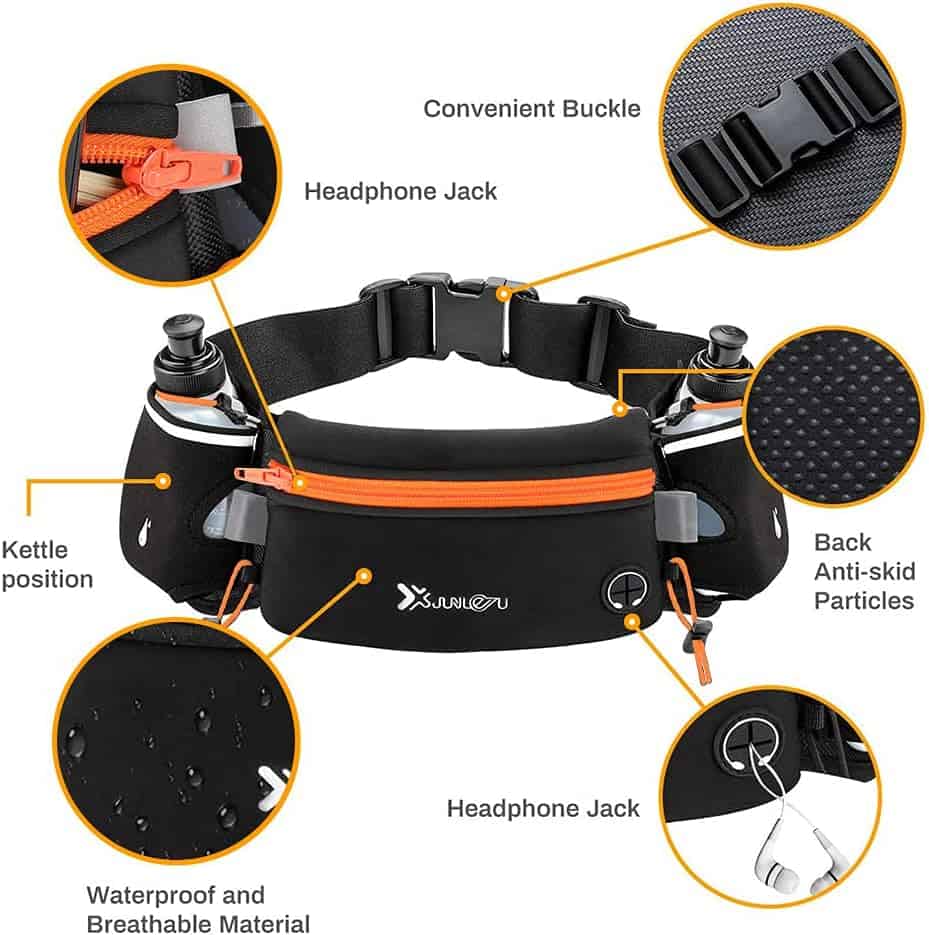 Number-One Running Belt with 2 Water Bottles – Waterproof Hydration Waist Pack with Adjustable Fit for Running, Hiking, Cycling, Marathon (iPhone-Compatible) Number-one