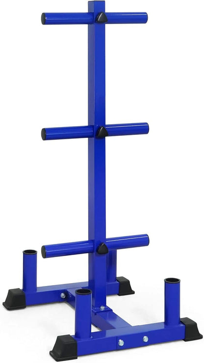 Blue metal barbell rack on a white background
