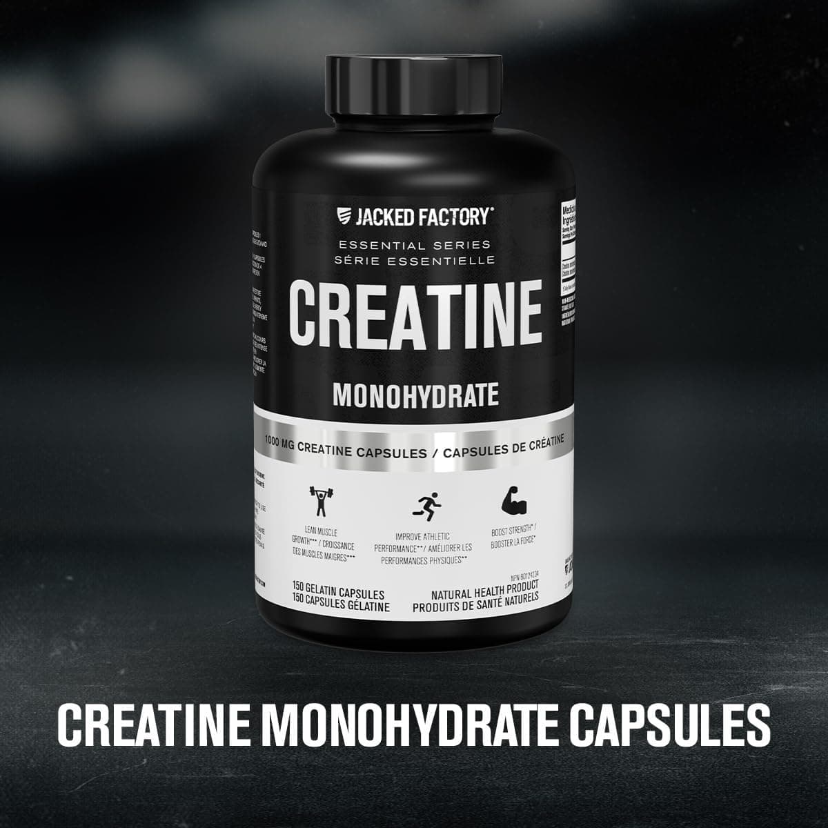 Creatine monohydrate supplement bottle with 'Jacked Factory' branding on a dark background