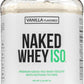 Naked Whey ISO protein powder jar with vanilla flavor on a white background