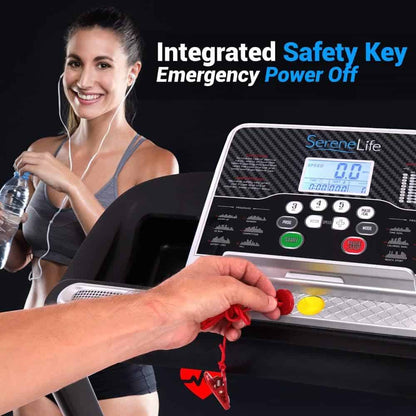 Woman using treadmill with integrated safety key and emergency power off feature, featuring SereneLife brand.