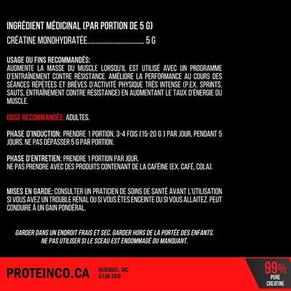 Nutritional information and usage instructions for a creatine supplement on a black background with red accents.