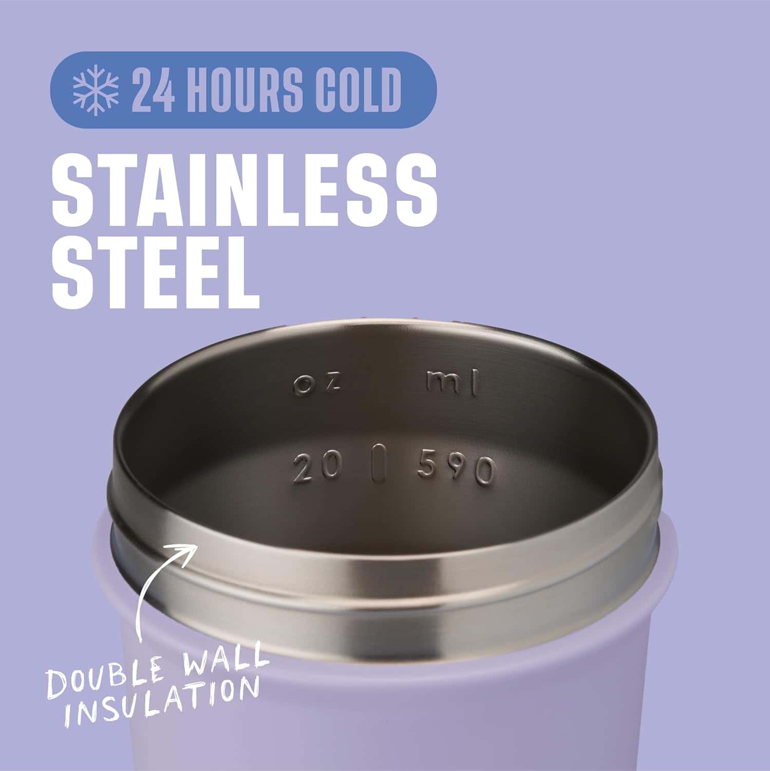 Stainless steel tumbler with double wall insulation on a purple background