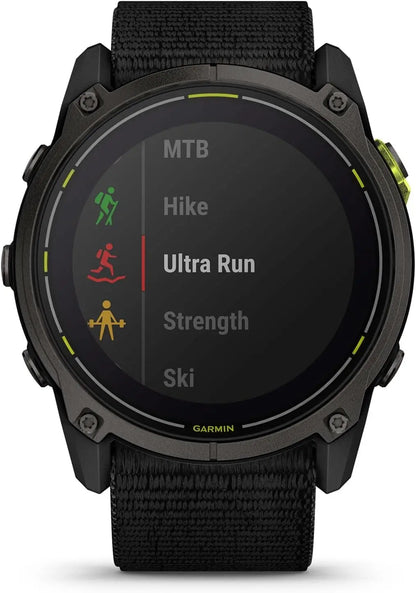 Black Garmin smartwatch displaying workout options on a white background