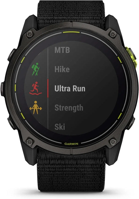 Black Garmin smartwatch displaying workout options on a white background