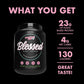 Black protein supplement container with 'Blessed' branding on a black background, displaying nutritional information.