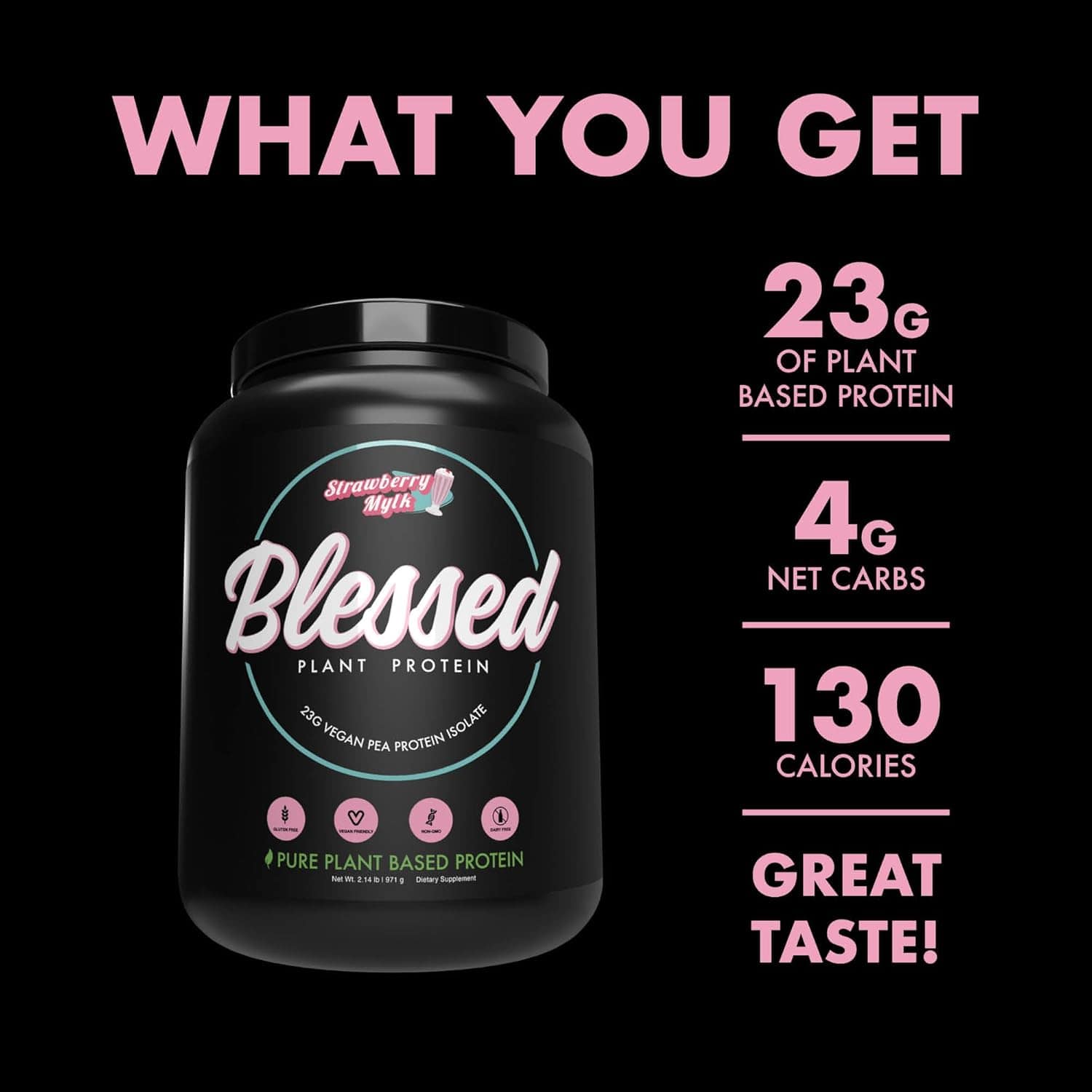 Black protein supplement container with 'Blessed' branding on a black background, displaying nutritional information.
