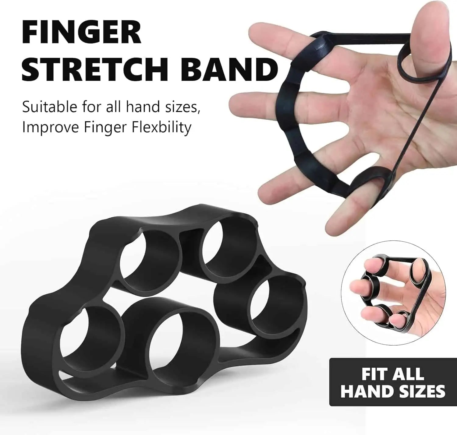 Black finger stretch band with text on a white background