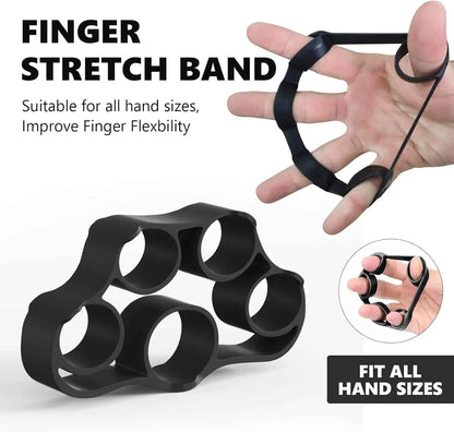 Black finger stretch band with text on a white background