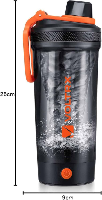 Black and orange shaker bottle with Voltrx branding, shown with measurements.