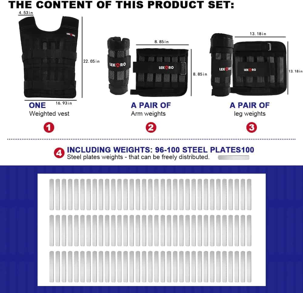 Product set with weighted vest, arm weights, leg weights, and steel plates on a blue background.
