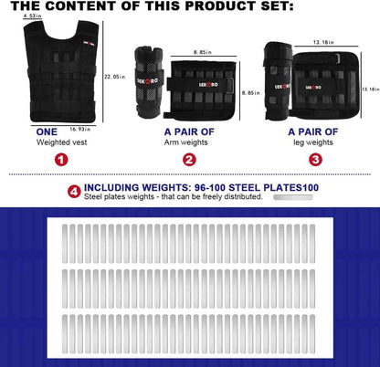 Product set with weighted vest, arm weights, leg weights, and steel plates on a blue background.