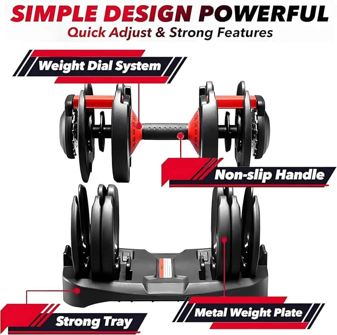 Dumbbell set with features highlighted on a white background