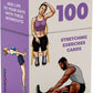 Box of stretching exercises cards with illustrations of people stretching and text on a purple and beige background.