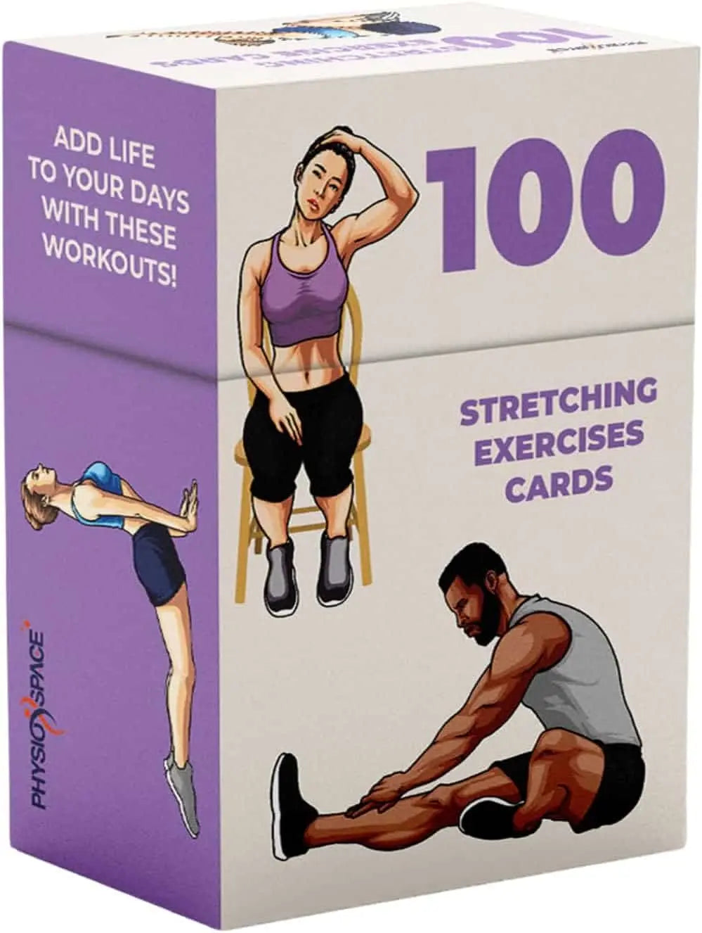 Box of stretching exercises cards with illustrations of people stretching and text on a purple and beige background.