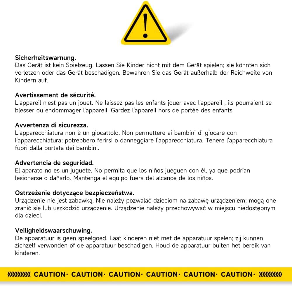 Multilingual safety warning text with a yellow triangle warning symbol on a white background