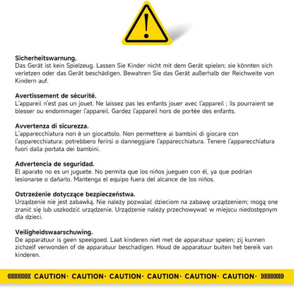 Multilingual safety warning text with a yellow triangle warning symbol on a white background