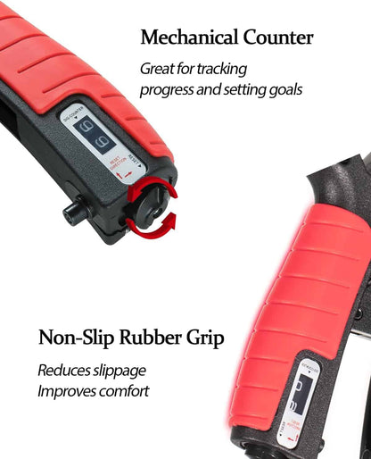 Red and black mechanical counter with non-slip rubber grip on a white background