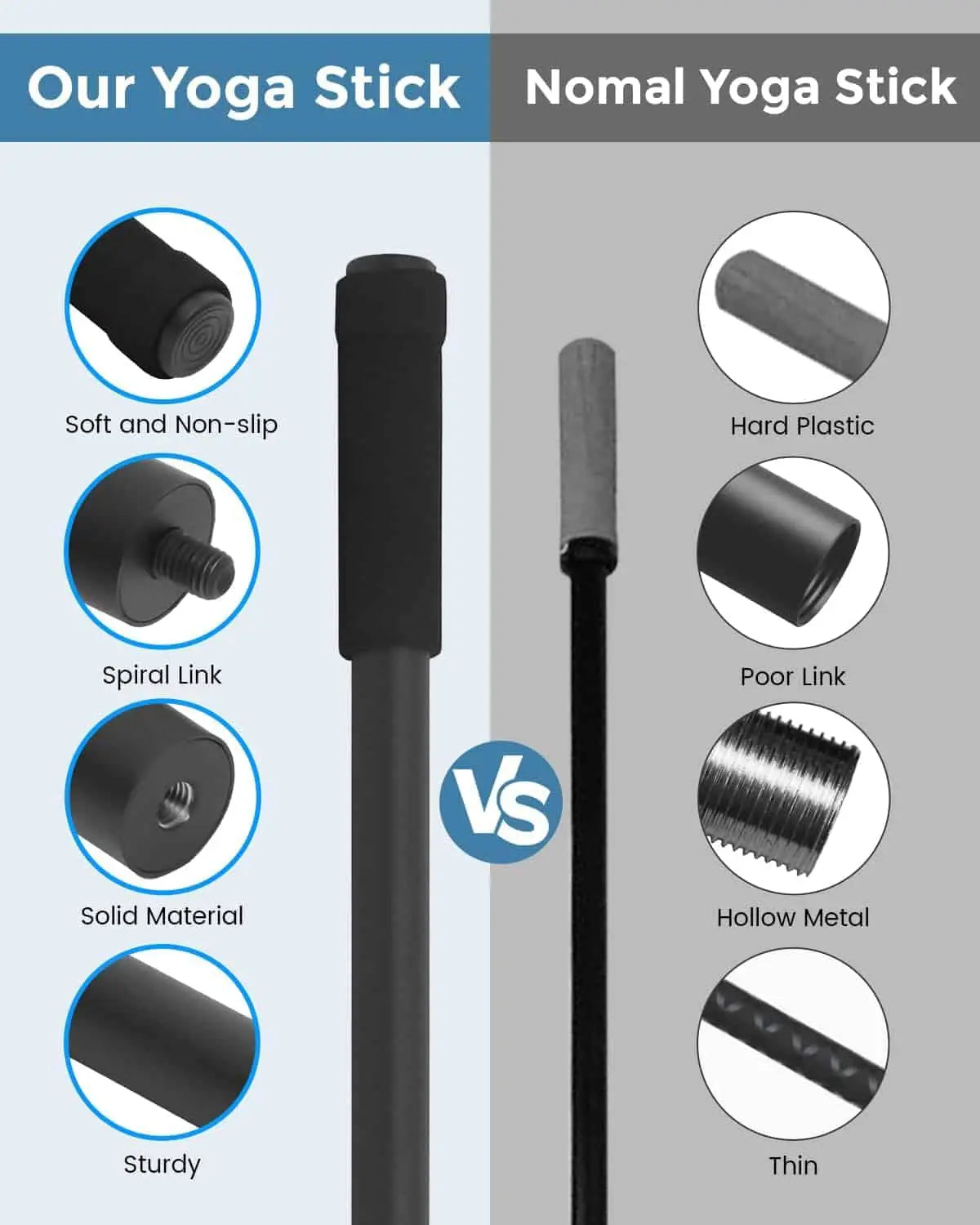 Comparison of a yoga stick with different material options on a gray background