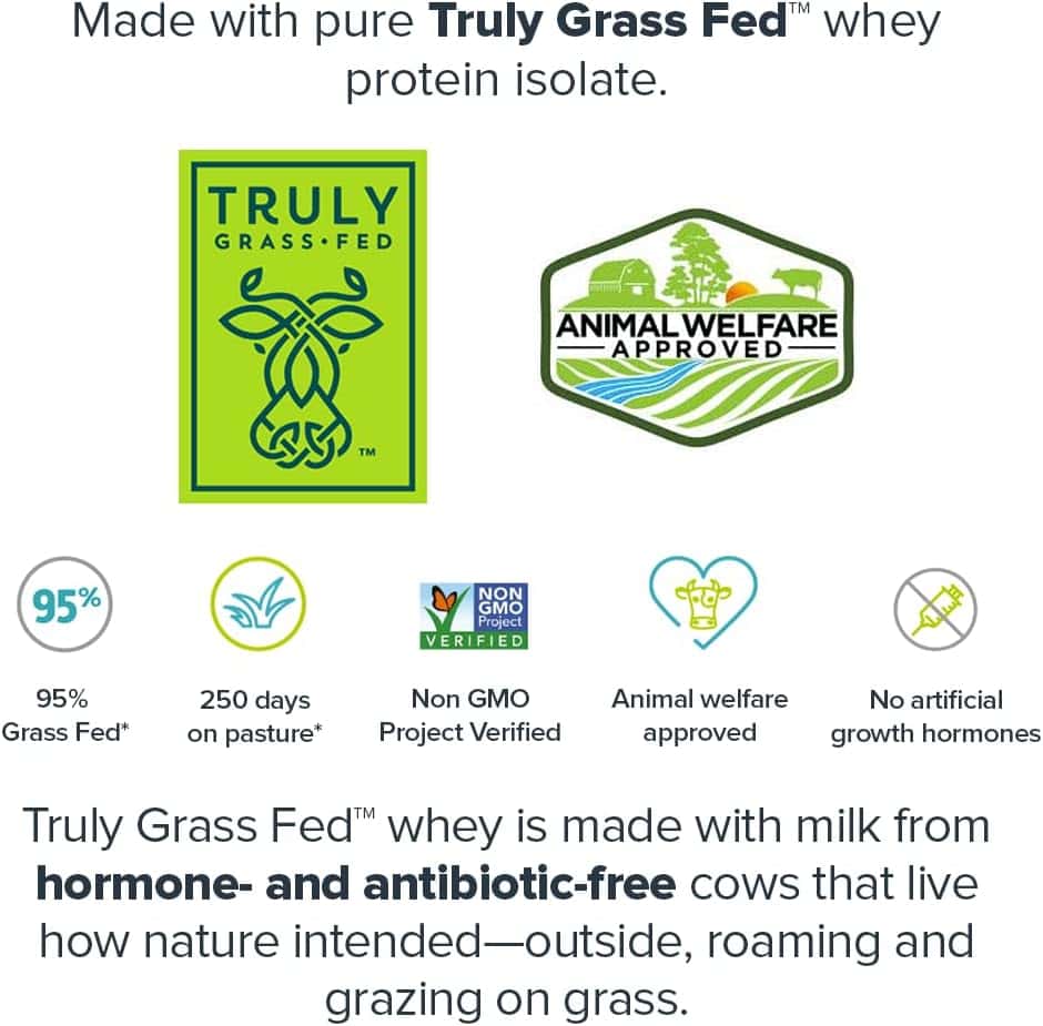 Product label with Truly Grass Fed and Animal Welfare Approved logos, highlighting grass-fed and non-GMO properties.