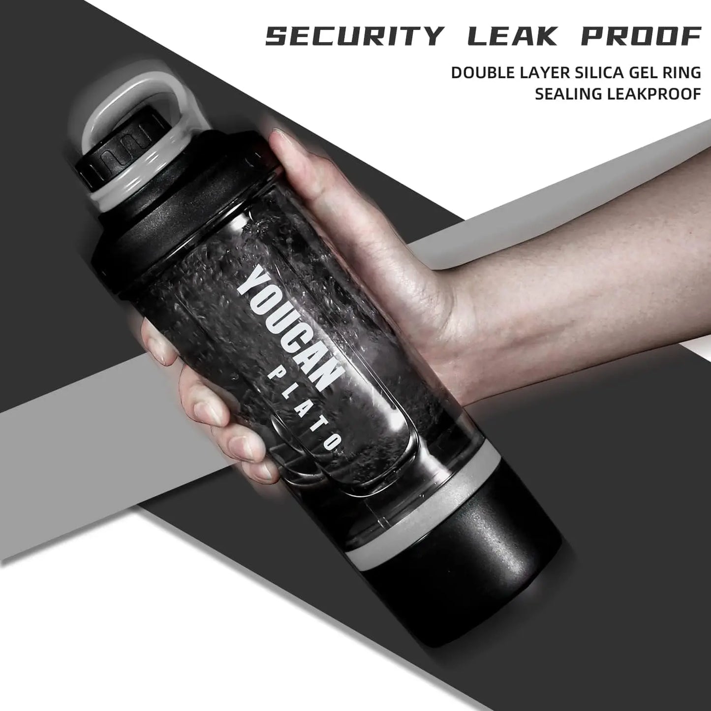 Black water bottle with 'YOUCAI PLATO' branding held by a hand, on a gray background.
