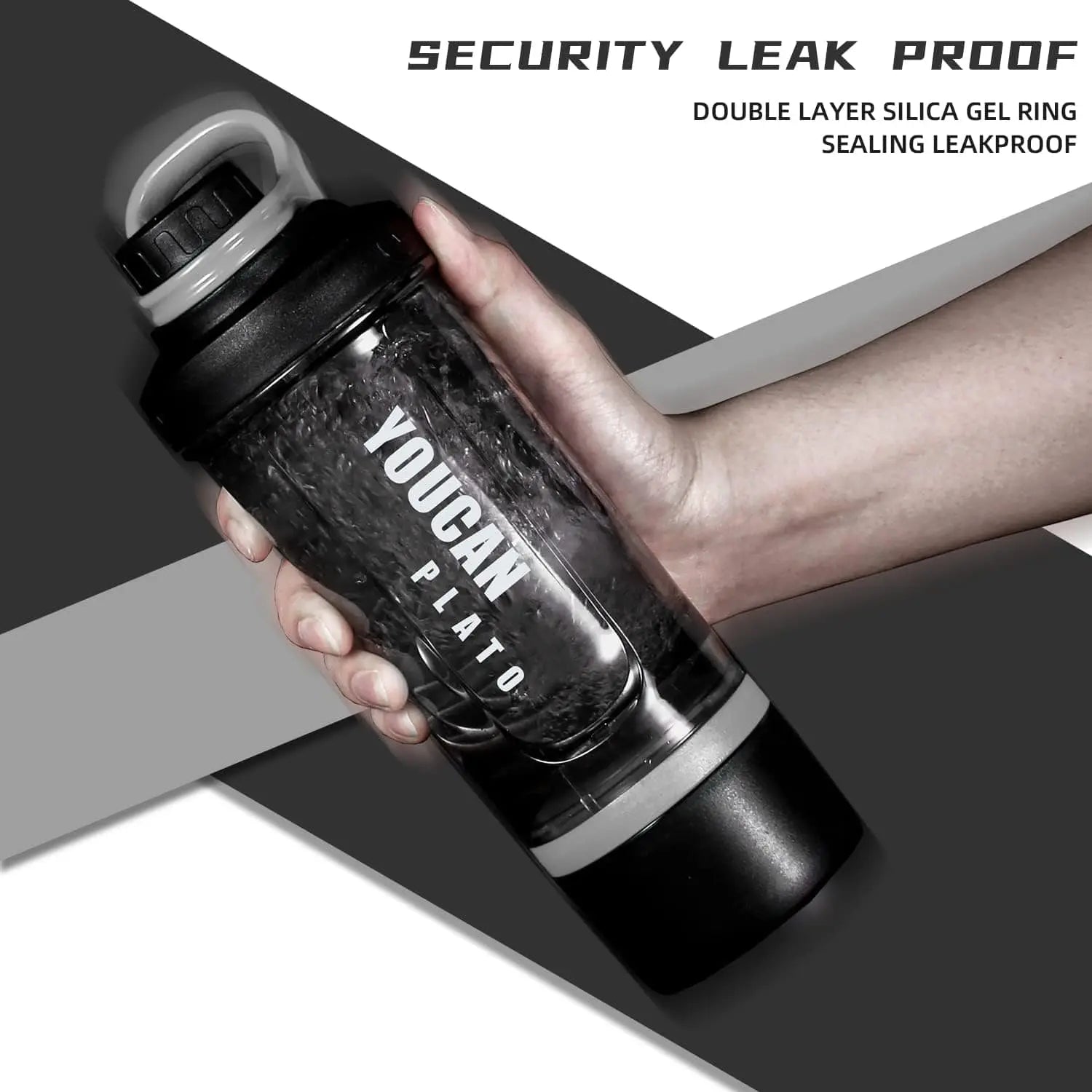 Black water bottle with 'YOUCAI PLATO' branding held by a hand, on a gray background.