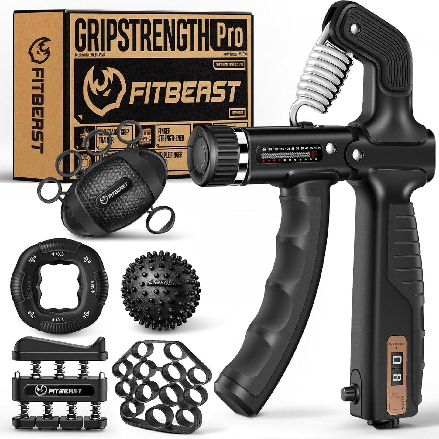 Fitbeast Gripstrength Pro set with various fitness tools on a white background