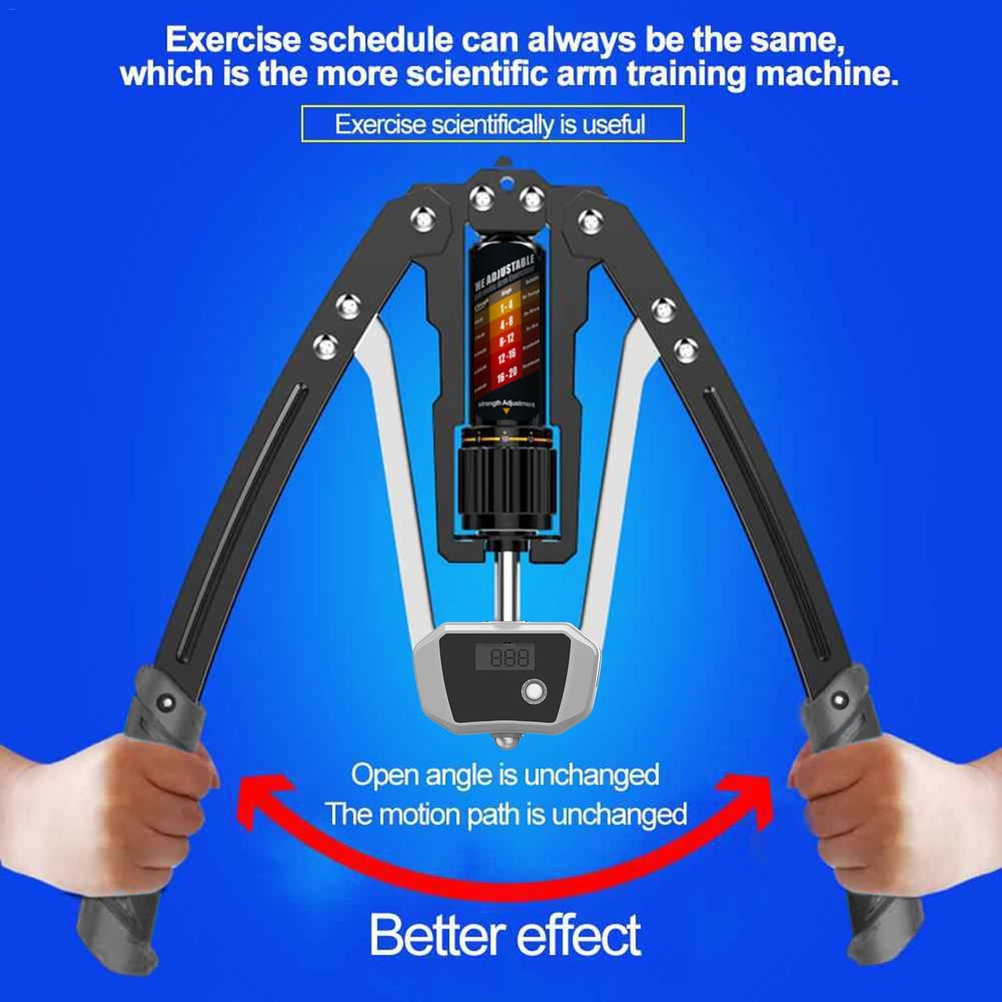 Arm training machine with hands on a blue background, emphasizing scientific arm training.