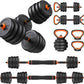 Set of adjustable dumbbells and kettlebells on a white background