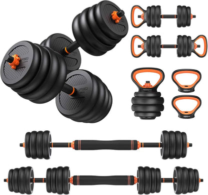 Set of adjustable dumbbells and kettlebells on a white background