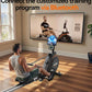 Man using a rowing machine with a TV screen displaying a training program in a home setting.