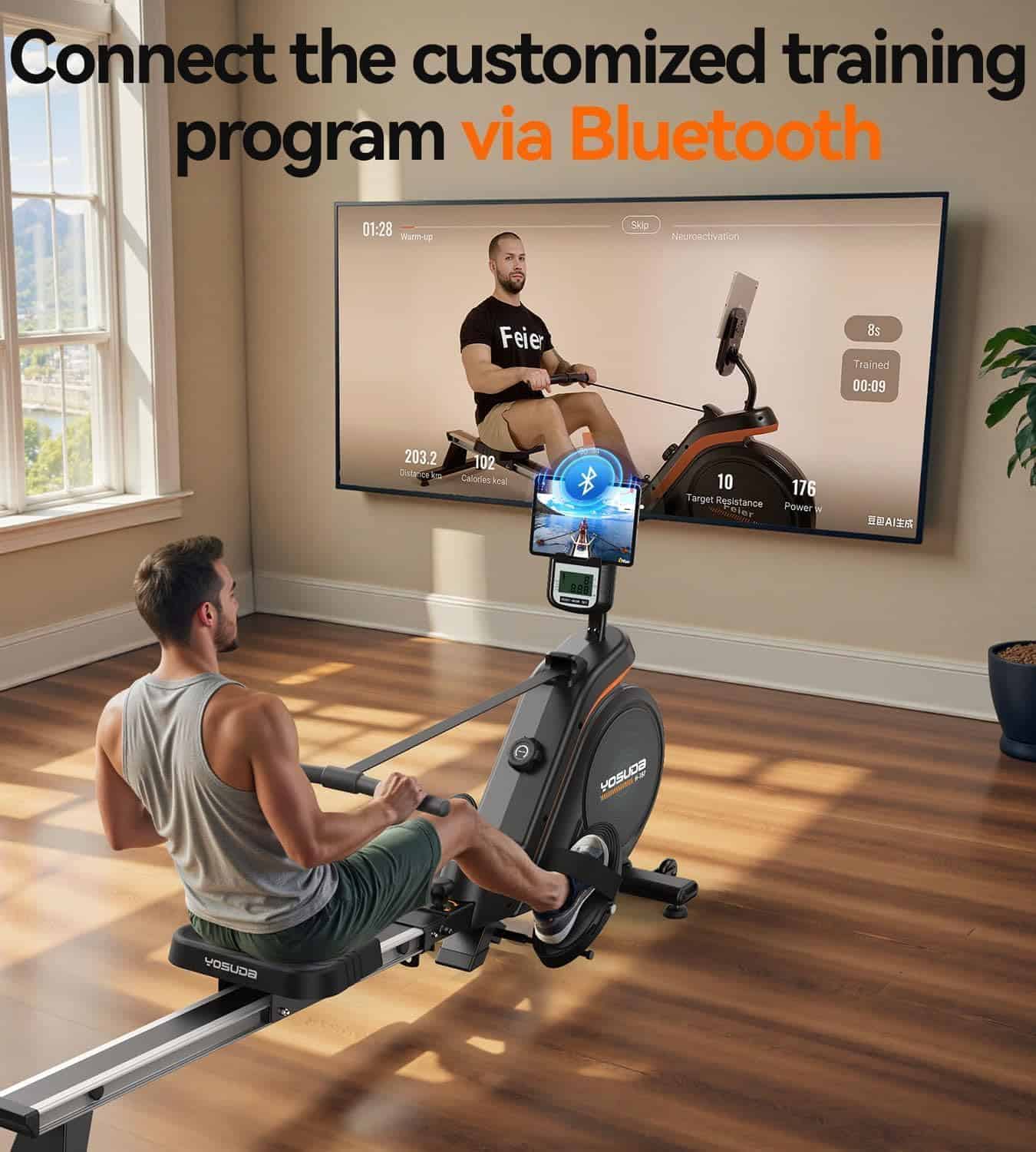 Man using a rowing machine with a TV screen displaying a training program in a home setting.
