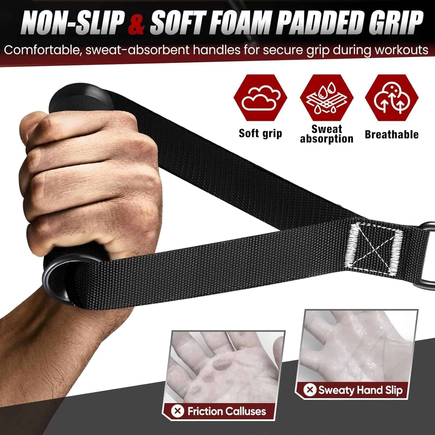 Hand holding a black resistance band with text and icons highlighting features like non-slip, soft foam padding, sweat absorption, and breathability.