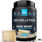 Revolution Nutrition High Whey Protein Vanilla Cake flavor container with vanilla cake illustration and nutritional information.